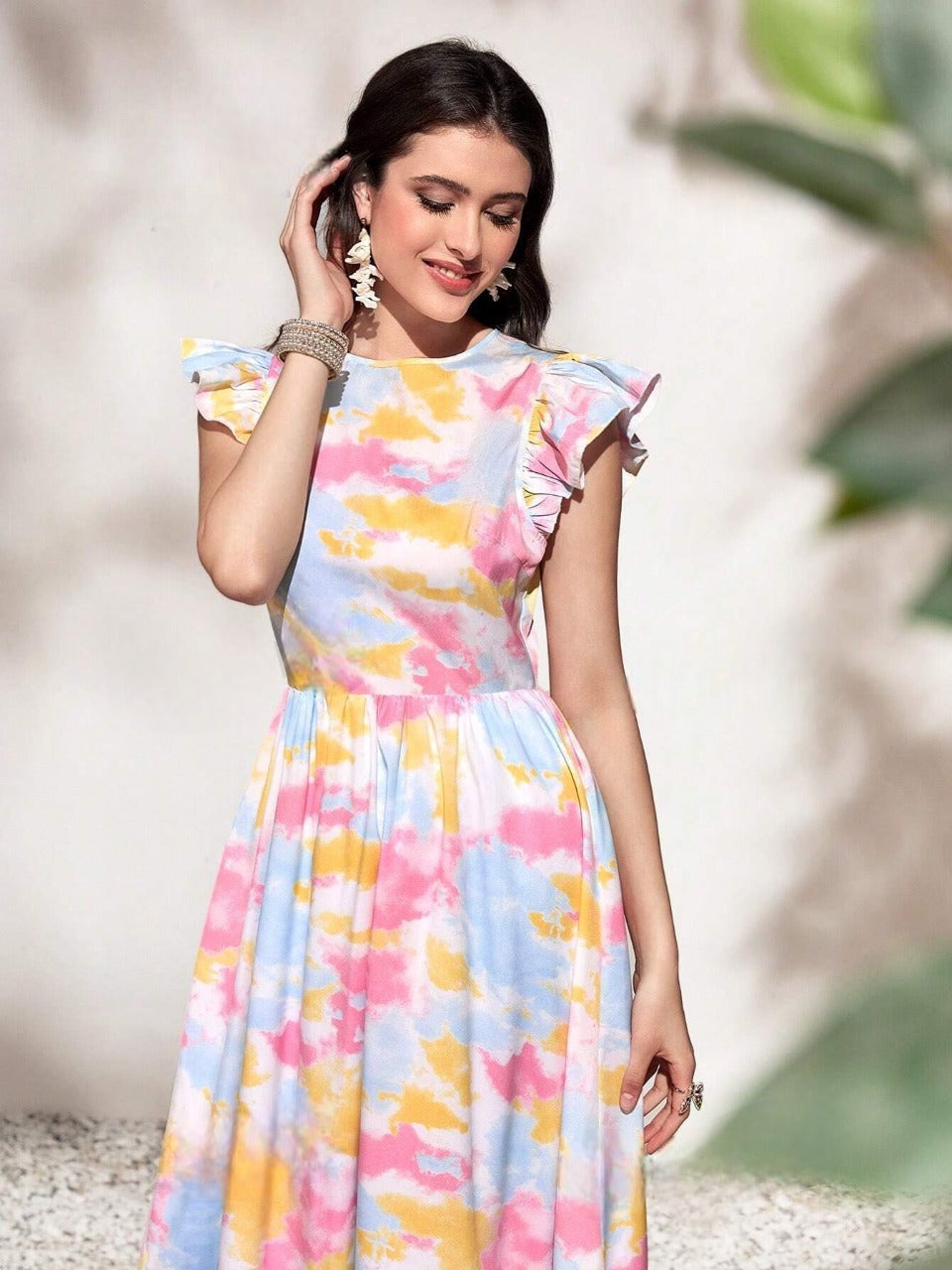 WesternStitch Round Neck Tie Ruffle Hem A Line Dress Short Sleeve Long Dress WesternStitch