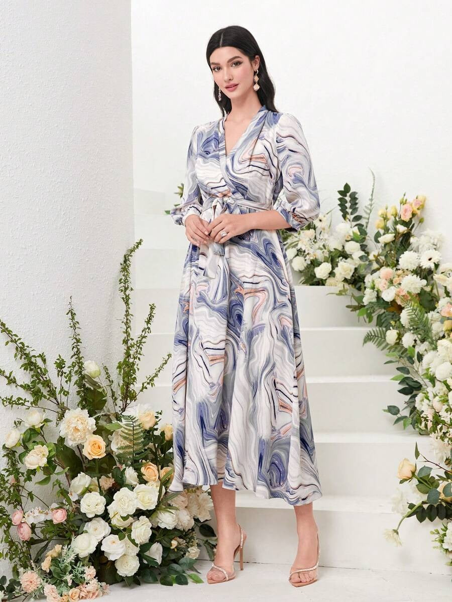 WesternStitch Marble Print Surplice Neck Belted Dress WesternStitch