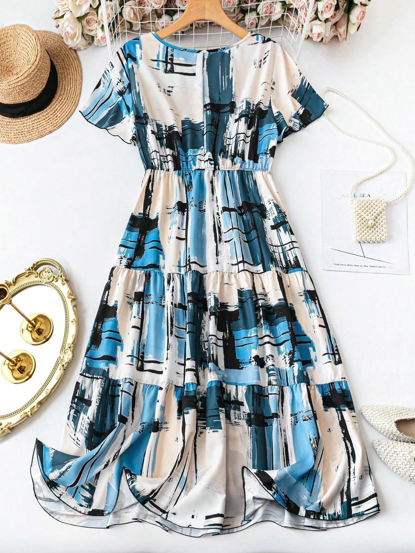 WesternStitch Women's Elegant Plaid & Print V-Neck Short Sleeve Summer Dress WesternStitch