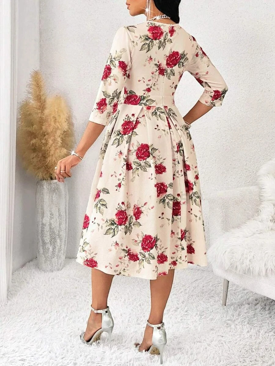 WesternStitch Women's Floral Vintage Dress Elegant Midi Evening Dress 3/4 Sleeves WesternStitch