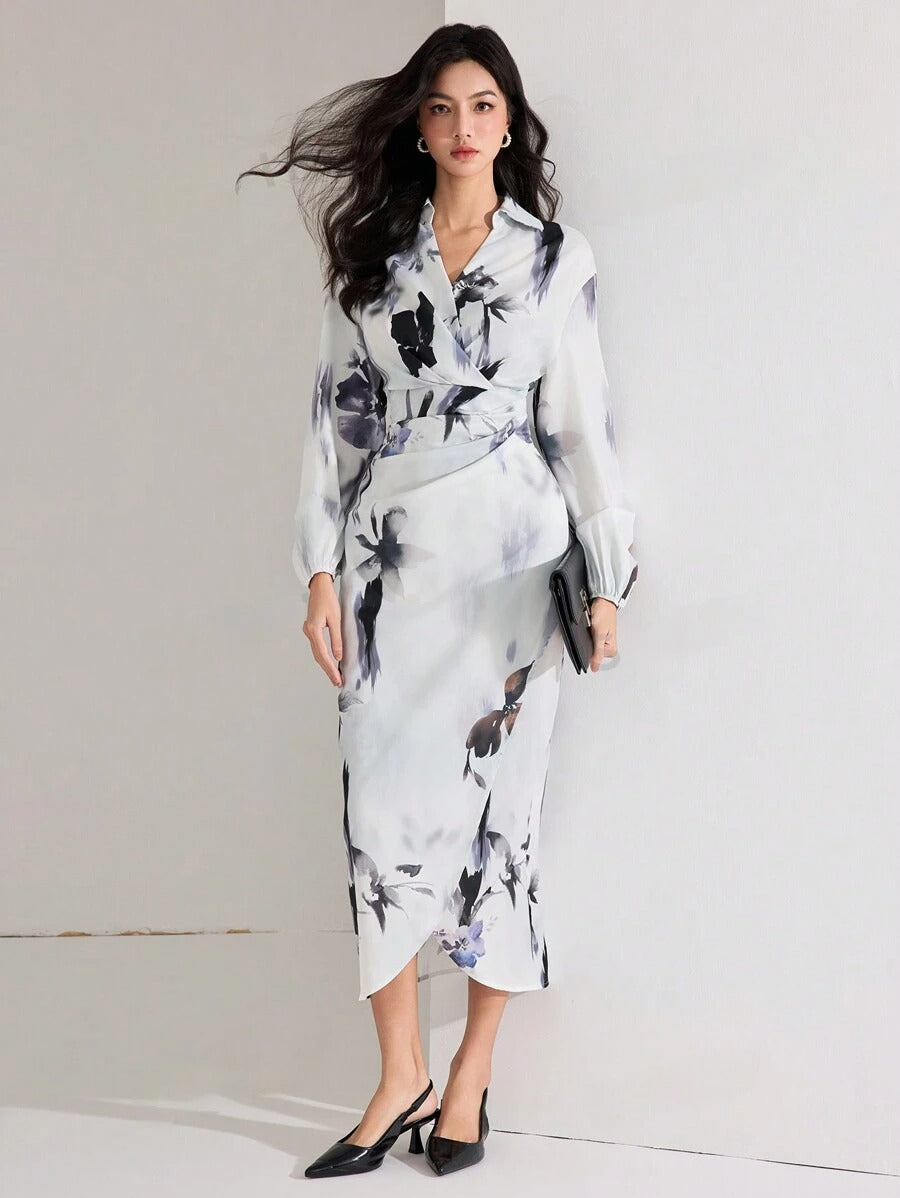 WesternStitch Women's Fall Elegant Floral Print Lantern Sleeve Long Dress WesternStitch