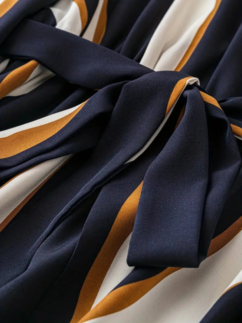 WesternStitch Abstract Print Surplice Neck Belted Dress, Casual Long Sleeve Dress WesternStitch