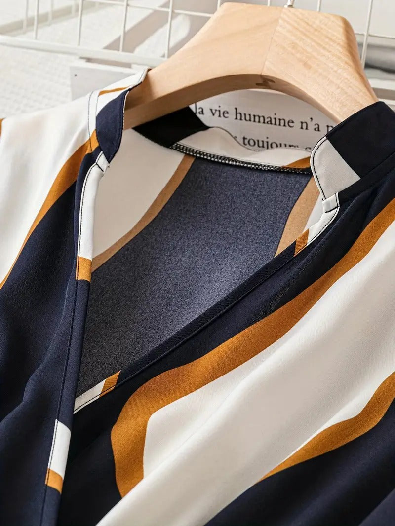 WesternStitch Abstract Print Surplice Neck Belted Dress, Casual Long Sleeve Dress WesternStitch