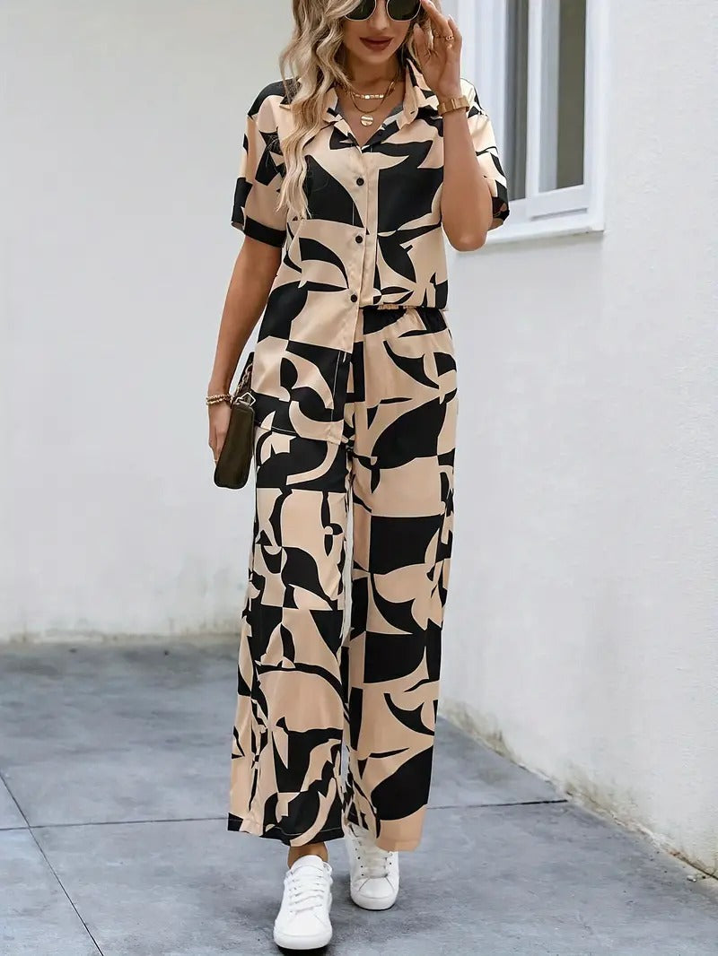 WesternStitch Rayon Button Front Short Graphic Print Elegant Two Piece Set for Women WesternStitch